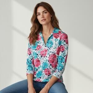 Vintage Try Me Floral Colorful Polyester Knit Womens Blouse 3/4 Sleeve Size 10